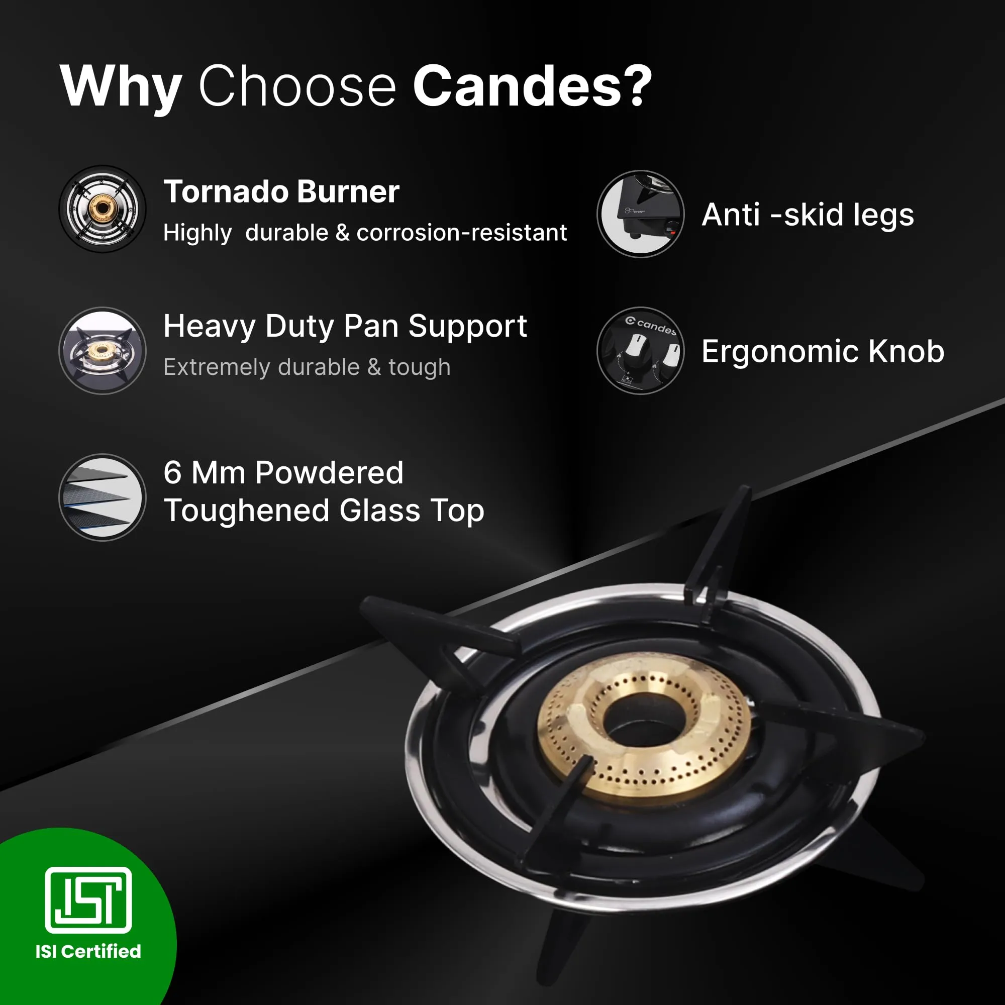 Candes Gas Hob 3 Burners Manual Ignition | 3 Burner Gas Stove with Premium Gas Saver Tornado Burners | 6mm Toughened Glass Gas Chulha 3 Burner | LPG Compatible | ISI Certified | 1 Yr Warranty