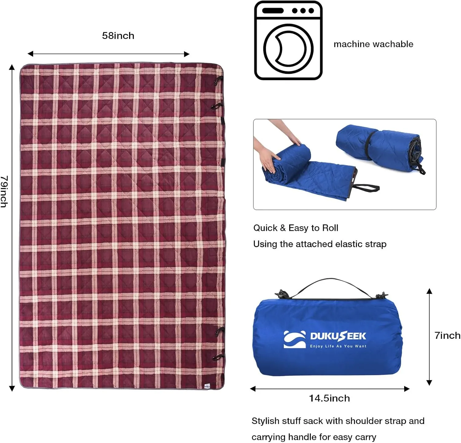 DUKUSEEK Waterproof Camping Blanket with Thick Fleece, Large Outdoor Blanket Windproof with Foldable Hood for Camping Stadium Sporting Events,79"x 58"