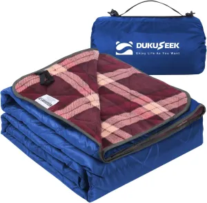 DUKUSEEK Waterproof Camping Blanket with Thick Fleece, Large Outdoor Blanket Windproof with Foldable Hood for Camping Stadium Sporting Events,79"x 58"