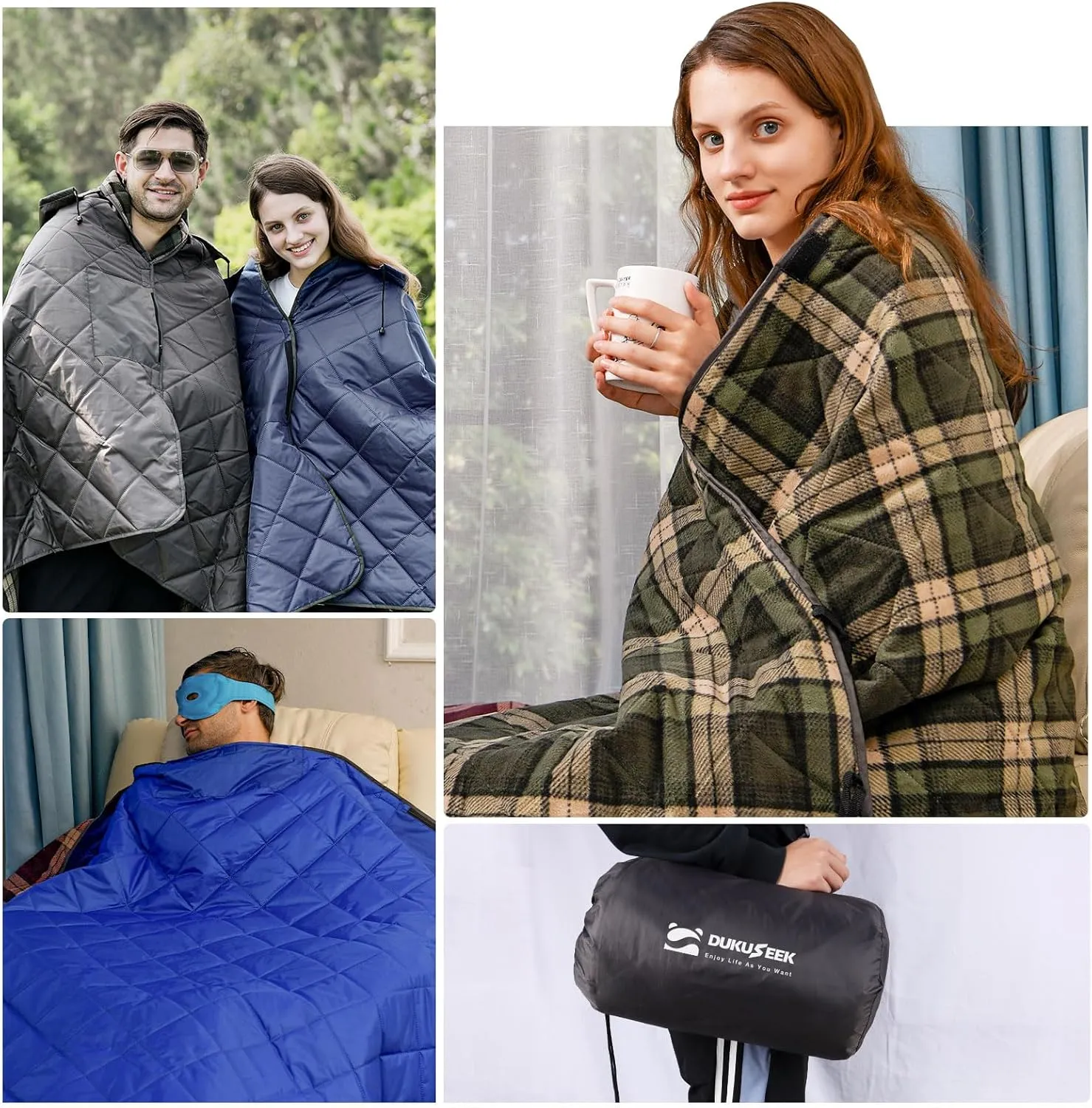 DUKUSEEK Waterproof Camping Blanket with Thick Fleece, Large Outdoor Blanket Windproof with Foldable Hood for Camping Stadium Sporting Events,79"x 58"