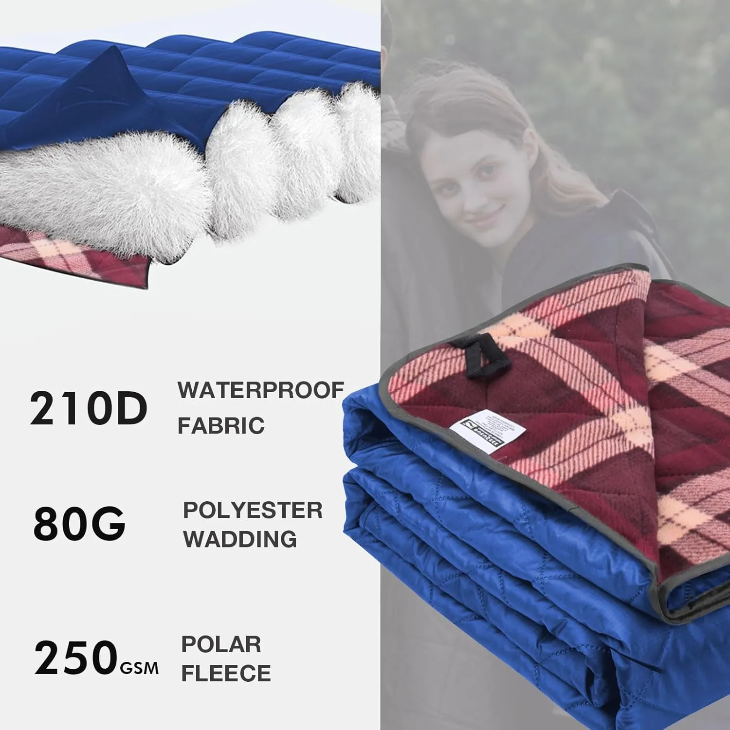 DUKUSEEK Waterproof Camping Blanket with Thick Fleece, Large Outdoor Blanket Windproof with Foldable Hood for Camping Stadium Sporting Events,79"x 58"