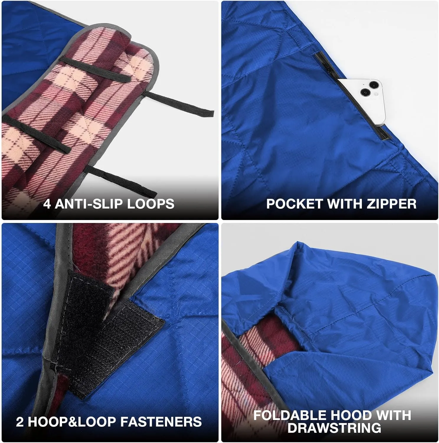 DUKUSEEK Waterproof Camping Blanket with Thick Fleece, Large Outdoor Blanket Windproof with Foldable Hood for Camping Stadium Sporting Events,79"x 58"