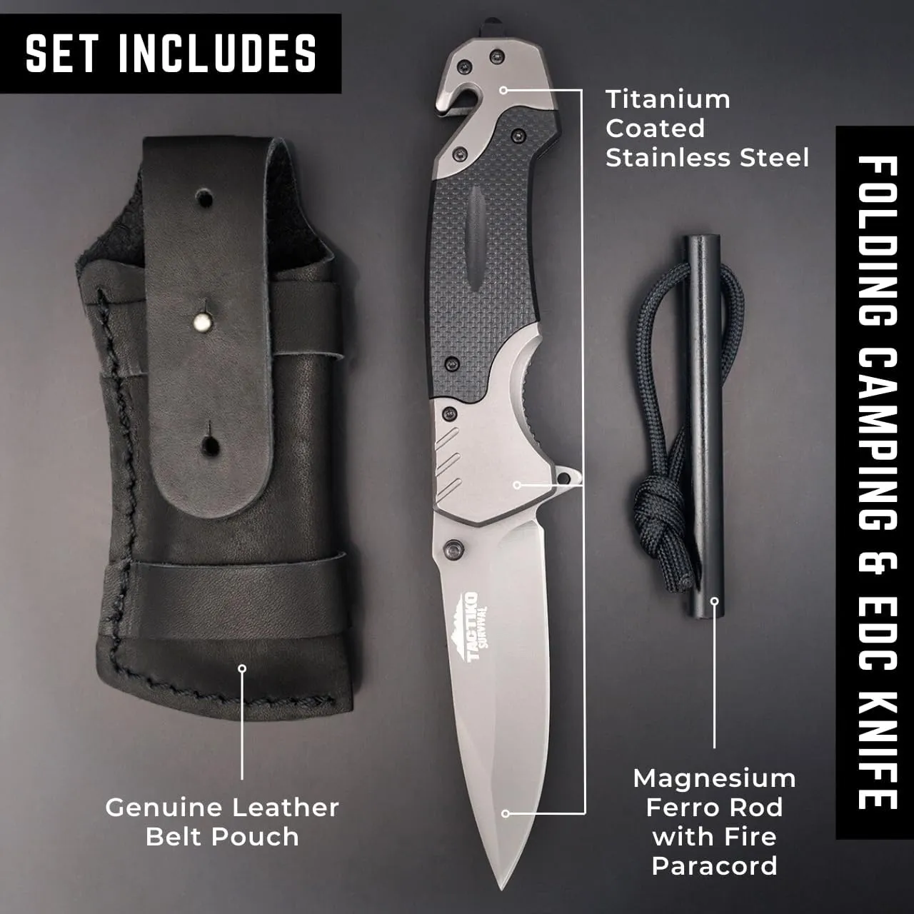 Folding Pocket Knife for Men with Fire Starter and Leather Belt Pouch - Emergency Tool Seatbelt Cutter, Glass Breaker, Magnesium Flint - Best for Camping, Hiking, Hunting (Black)