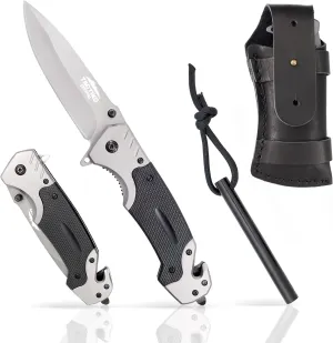 Folding Pocket Knife for Men with Fire Starter and Leather Belt Pouch - Emergency Tool Seatbelt Cutter, Glass Breaker, Magnesium Flint - Best for Camping, Hiking, Hunting (Black)