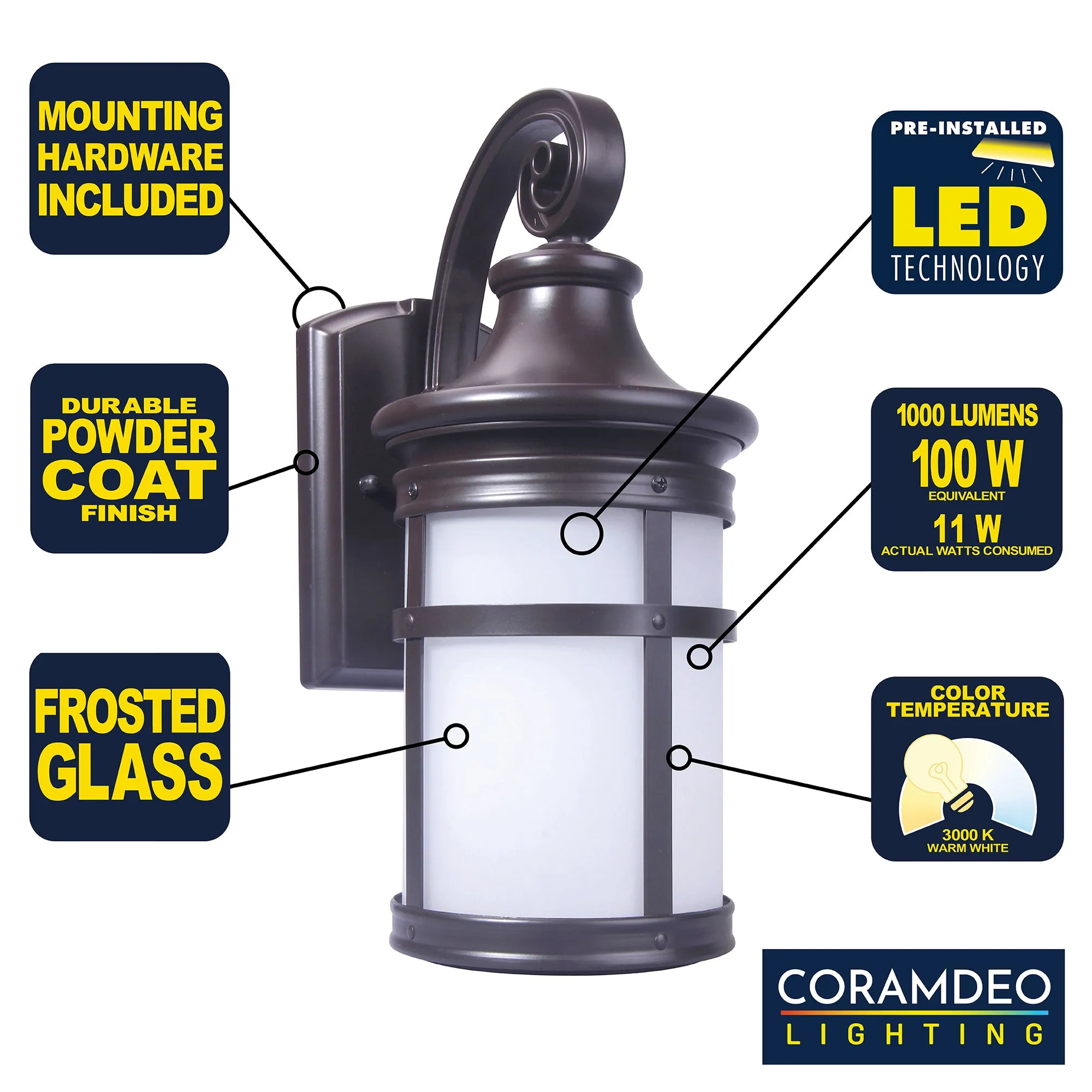 Integrated LED Round Wall Sconce Lantern, Wet Location, 1200 Lumens, 3K, Bronze Finish with Frosted Glass Lens