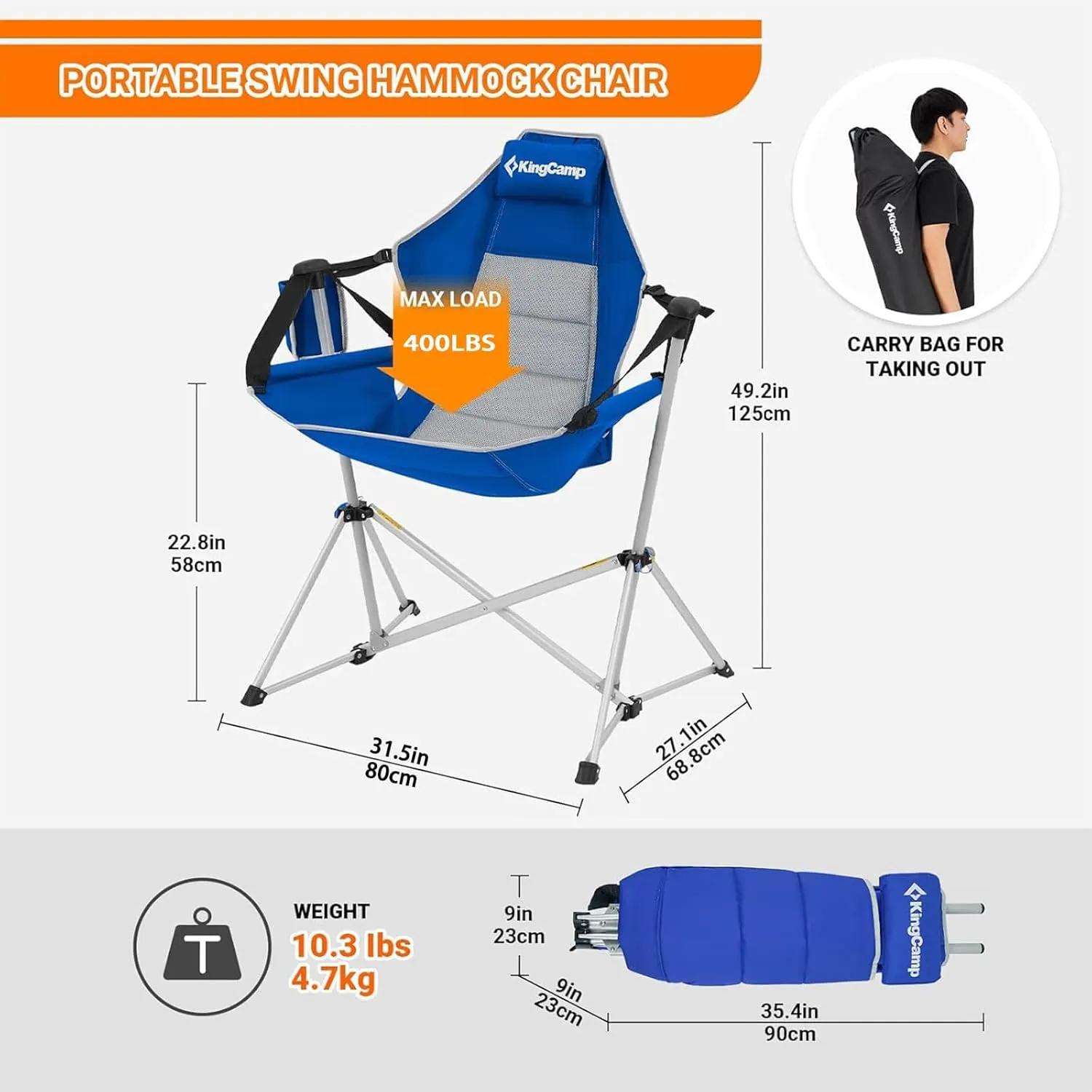 KingCamp Hammock Camping Chair, Swinging Portable Folding Camp Chairs for Adults 400lbs Heavy Duty Foldable Oversized Rocker with Aluminum Alloy Frame Cup Holder Pillow for Outdoor Beach Patio Sport