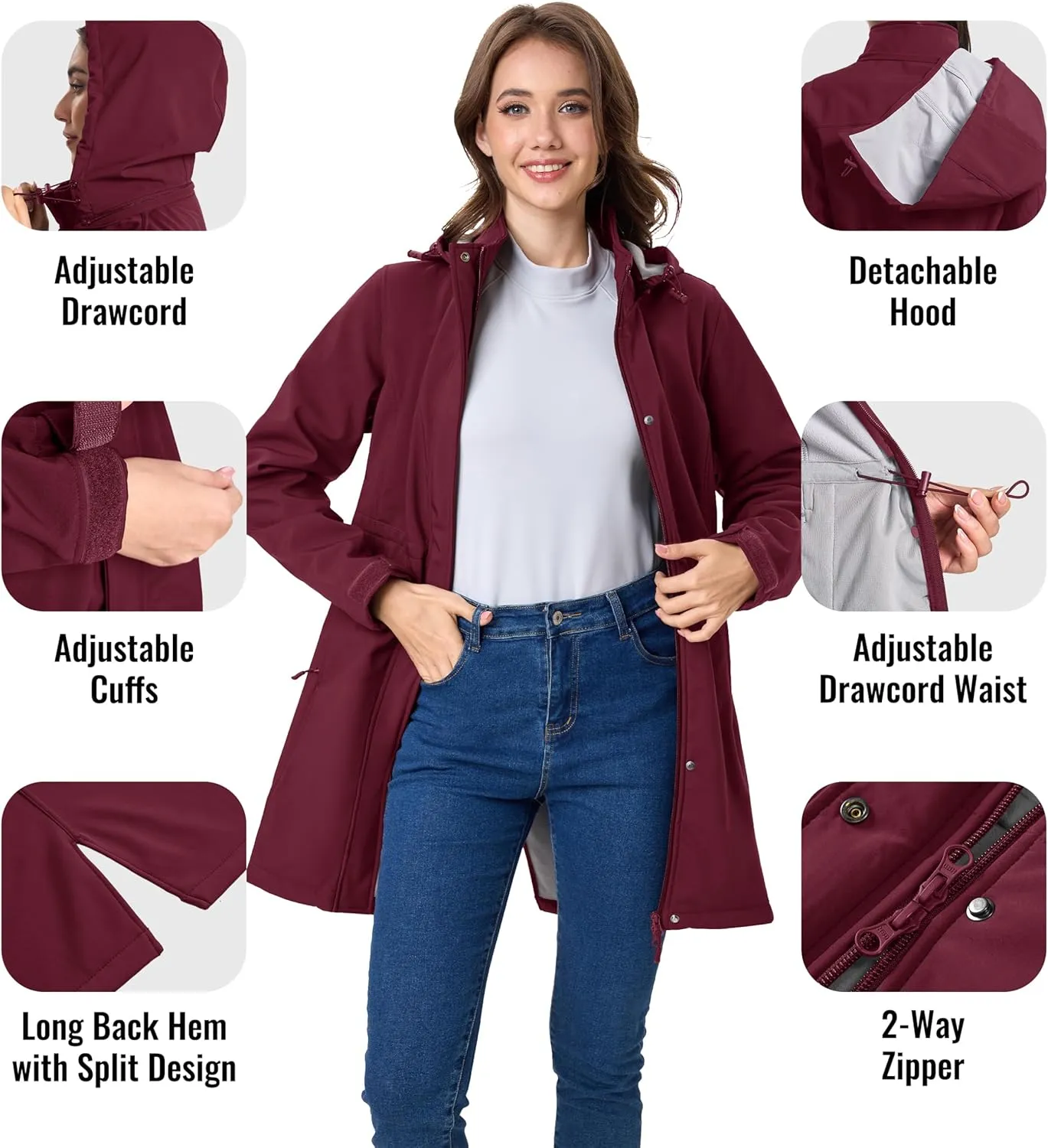 MAGCOMSEN Women's Long Fleece Lined Jackets Warm Winter Windbreaker Rain Coat Hooded Softshell Windproof Insulated