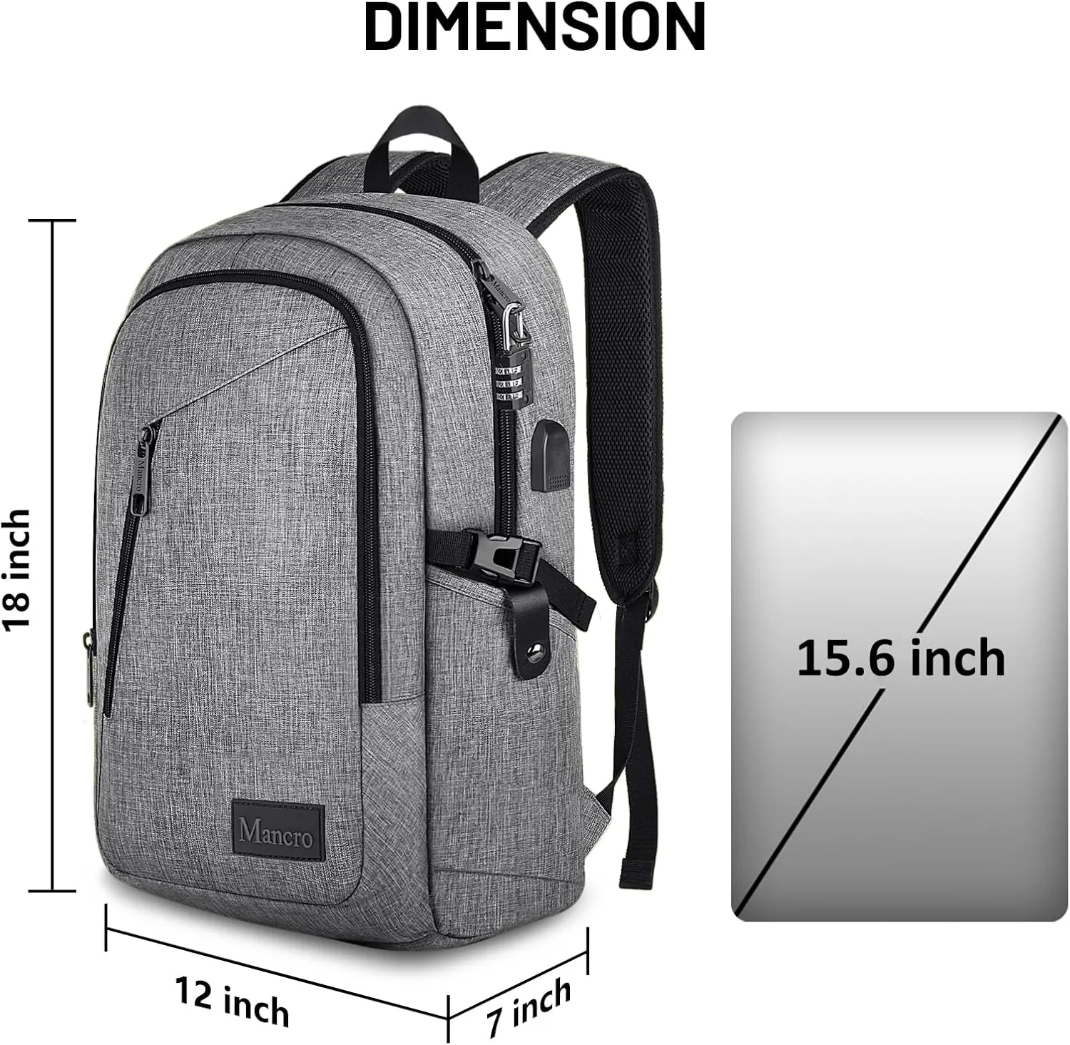 Mancro Laptop Backpack for Travel, Anti-theft Laptop Backpack for Men Business Backpack Work Daypack with USB Charging Port & Lock, Water Resistant Travel Computer Bag Daypack, Grey