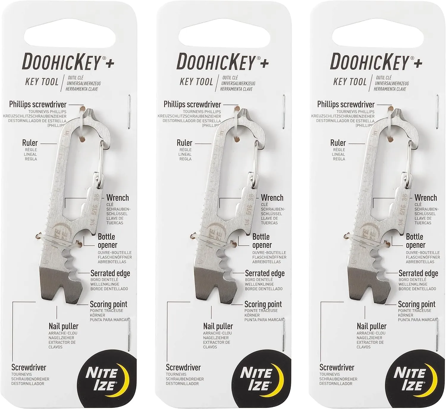 Nite Ize DoohicKey Plus Key Tool - Stainless Steel Carabiner 8-in-1 Multi Tool - Pocket Gadget with Screwdrivers, Bottle Opener, Ruler, Wrench, Bottle Opener & More - 3 Count (3 Pack)