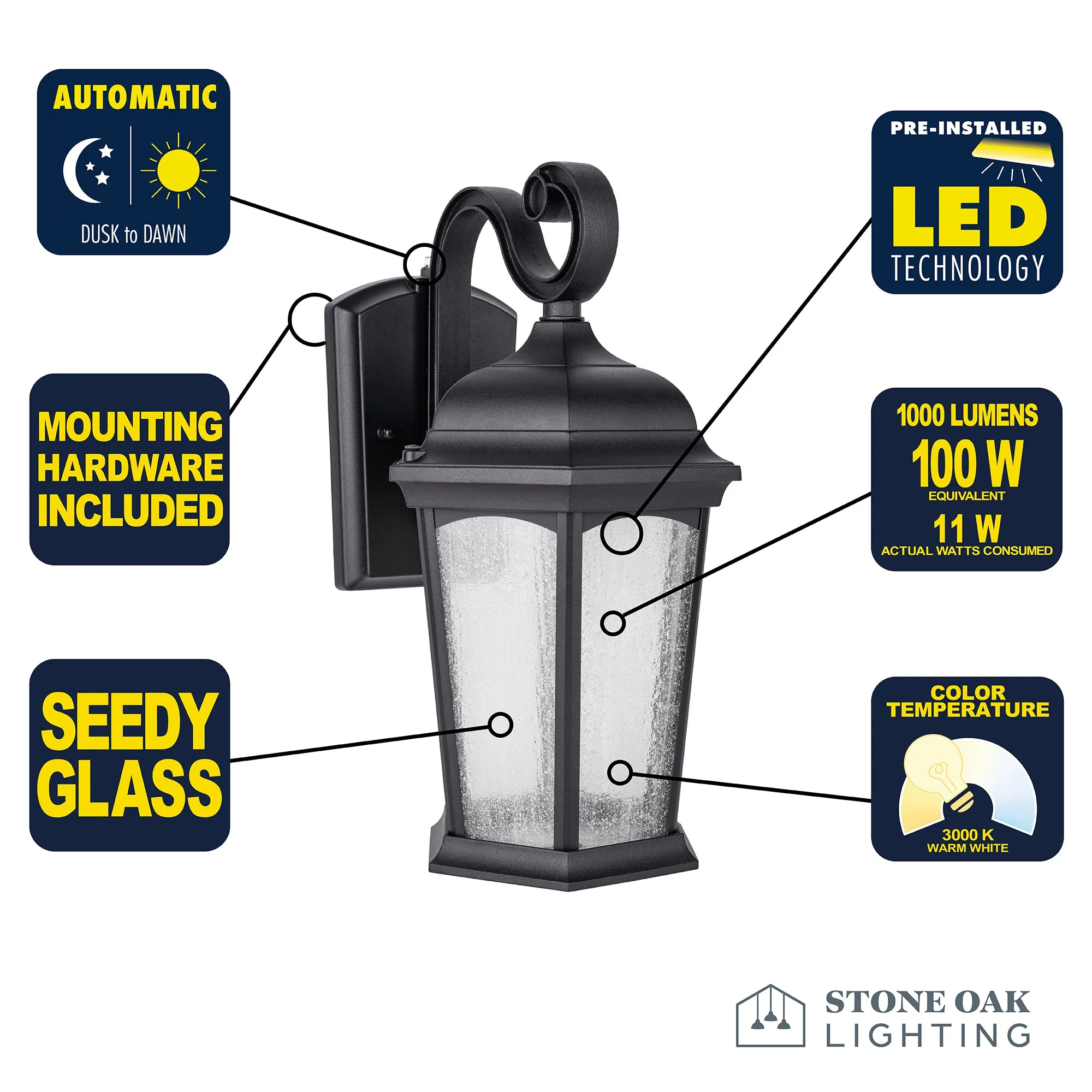 Outdoor Hex Integrated LED Wall Lantern, Dusk to Dawn, 1200 Lumens, 3K Warm White, Wet Location, Black or Bronze Finish with Seedy Glass