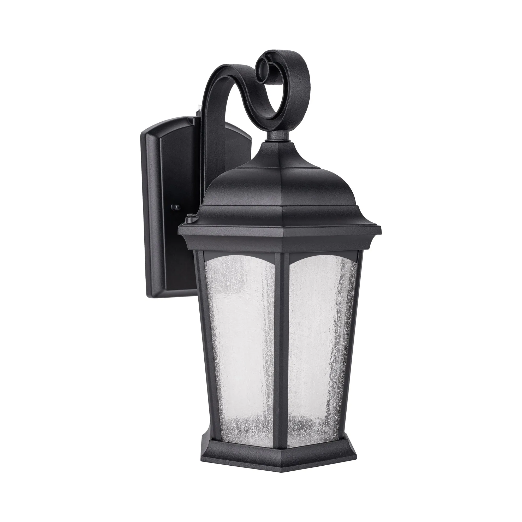 Outdoor Hex Integrated LED Wall Lantern, Dusk to Dawn, 1200 Lumens, 3K Warm White, Wet Location, Black or Bronze Finish with Seedy Glass