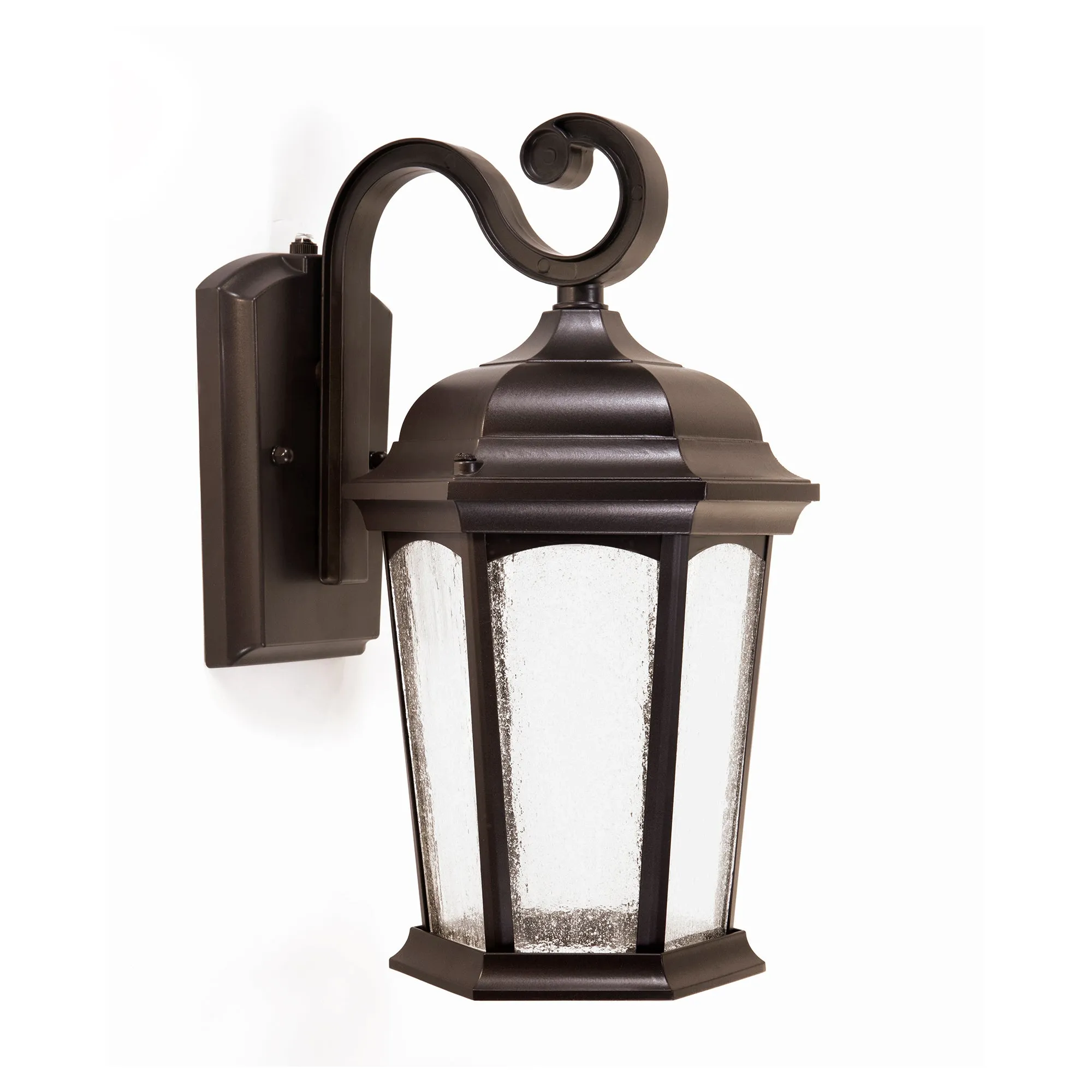 Outdoor Hex Integrated LED Wall Lantern, Dusk to Dawn, 1200 Lumens, 3K Warm White, Wet Location, Black or Bronze Finish with Seedy Glass