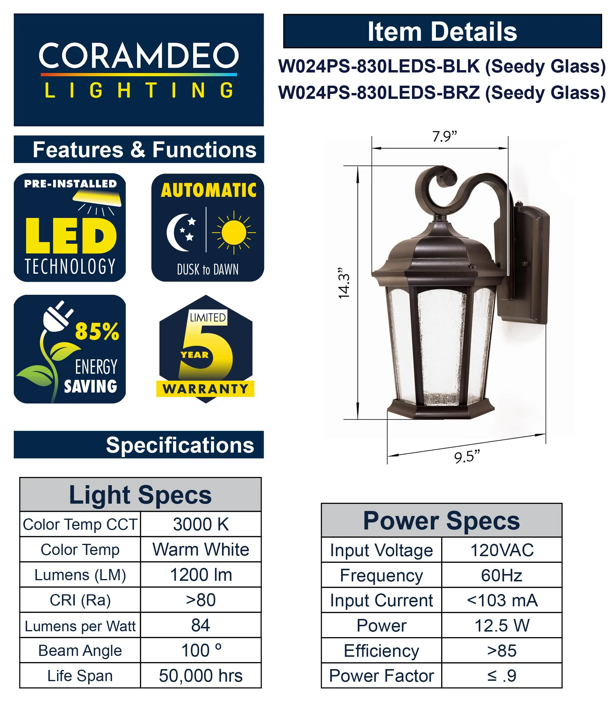 Outdoor Hex Integrated LED Wall Lantern, Dusk to Dawn, 1200 Lumens, 3K Warm White, Wet Location, Black or Bronze Finish with Seedy Glass