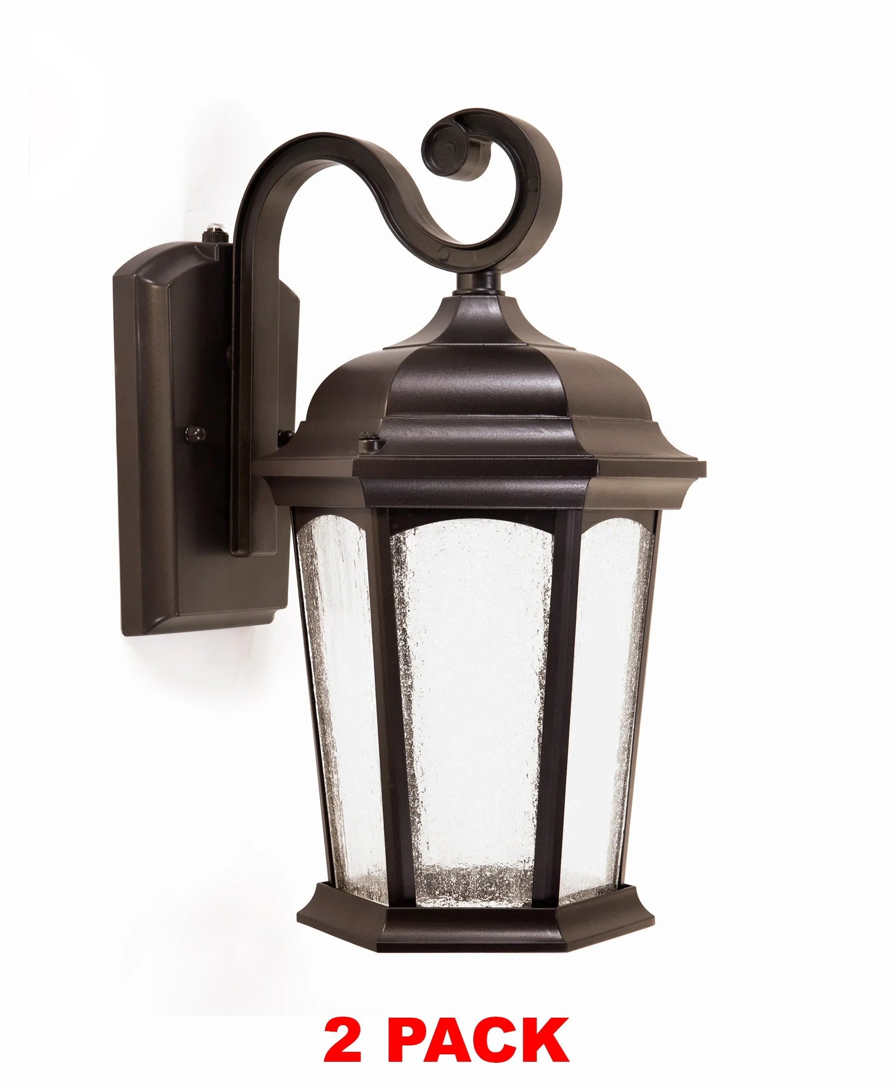 Outdoor Hex Integrated LED Wall Lantern, Dusk to Dawn, 1200 Lumens, 3K Warm White, Wet Location, Black or Bronze Finish with Seedy Glass