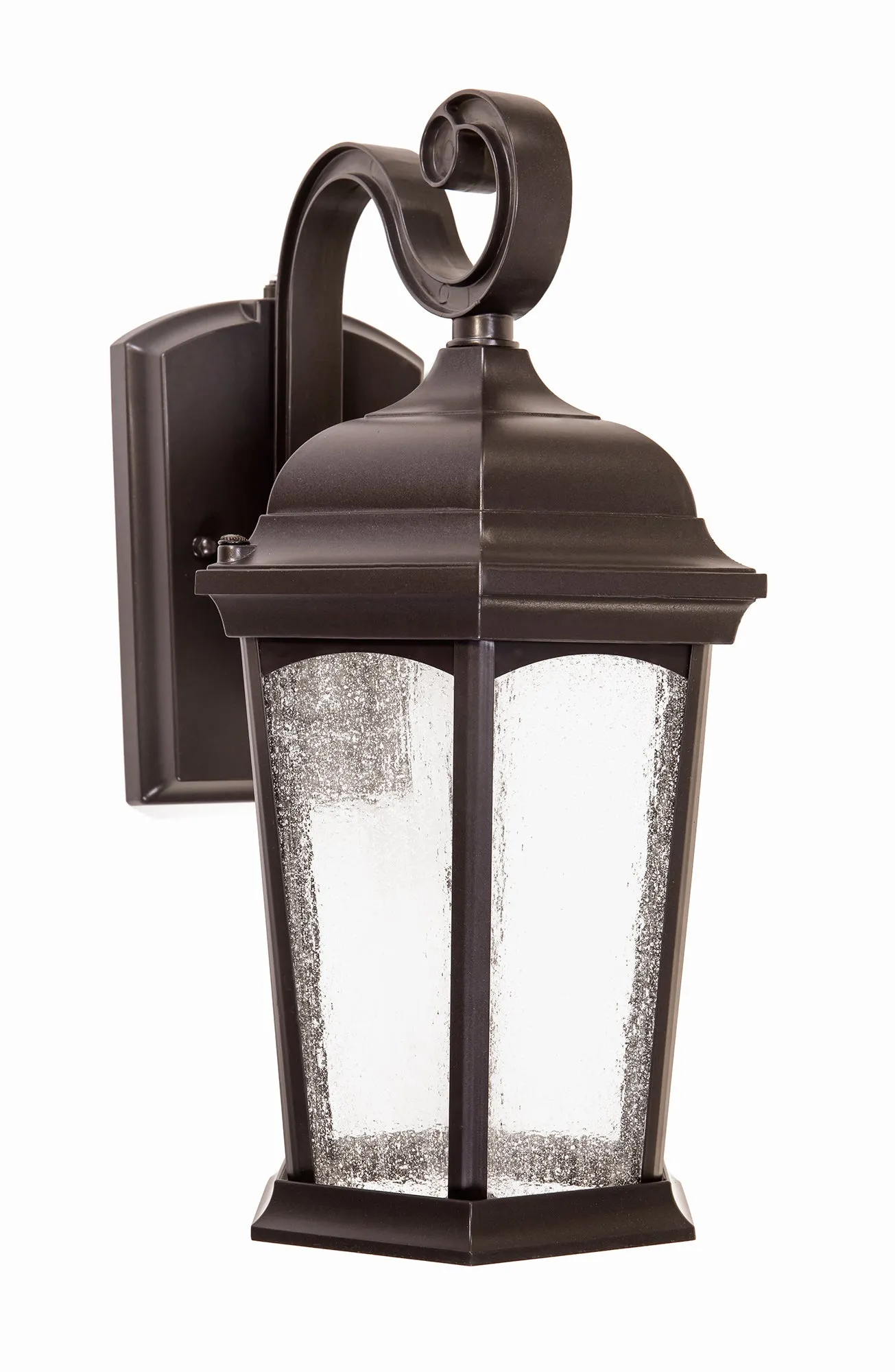 Outdoor Hex Integrated LED Wall Lantern, Dusk to Dawn, 1200 Lumens, 3K Warm White, Wet Location, Black or Bronze Finish with Seedy Glass