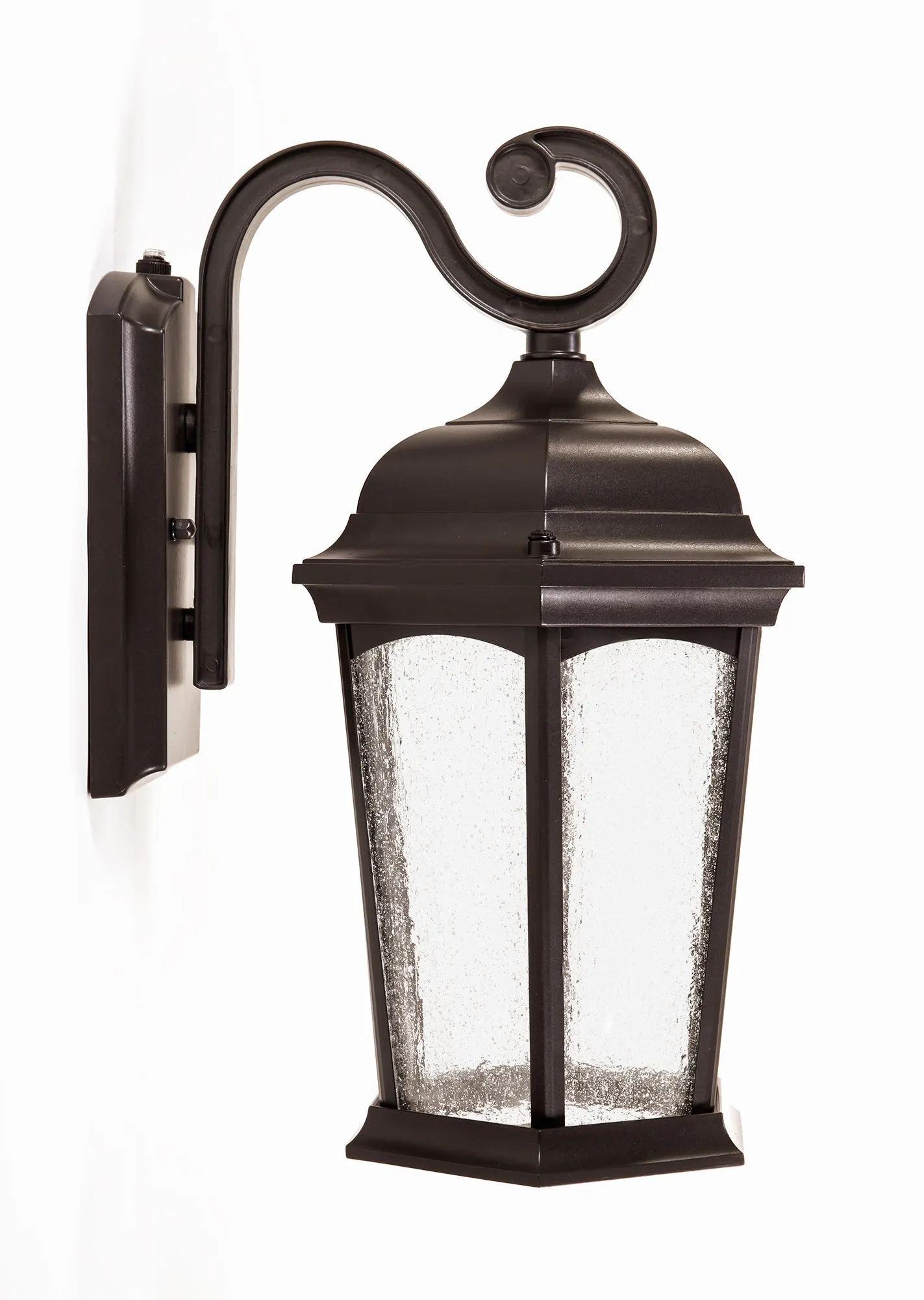 Outdoor Hex Integrated LED Wall Lantern, Dusk to Dawn, 1200 Lumens, 3K Warm White, Wet Location, Black or Bronze Finish with Seedy Glass