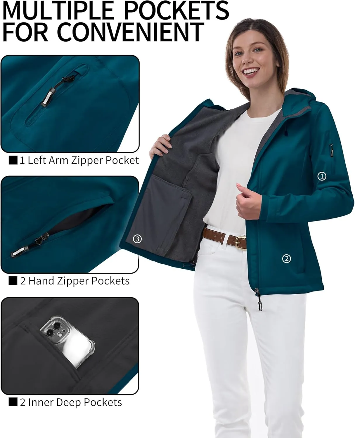 Outdoor Ventures Women's Softshell Jacket with Hood Fleece Lined Warm Lightweight Waterproof Insulated Windbreaker